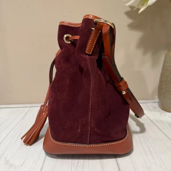 Dooney & Bourke Burgundy Suede Leather Drawstring Bucket Shoulder Bag - Picture 4 of 13